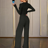 Women's Solid Color Fall&Winter Pants Set - Sexy V-Neck Button-Up Fitted Long Sleeve T-Shirt & High-Waist Flared Wide-Leg Stretchy Pants - kinko